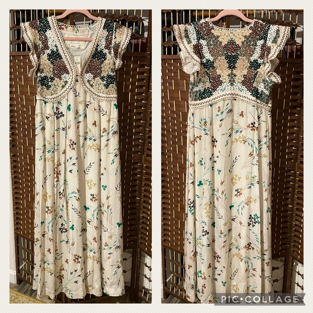 Anthropologie Cream Floral Gown with Black and Brown Accents